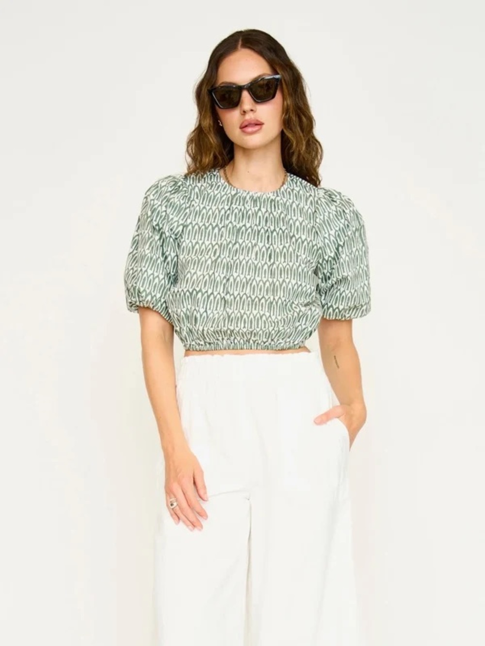 MIRTH Andaman Bubble Top Kelp Minnow Green Block Print Puff Sleeve XS
